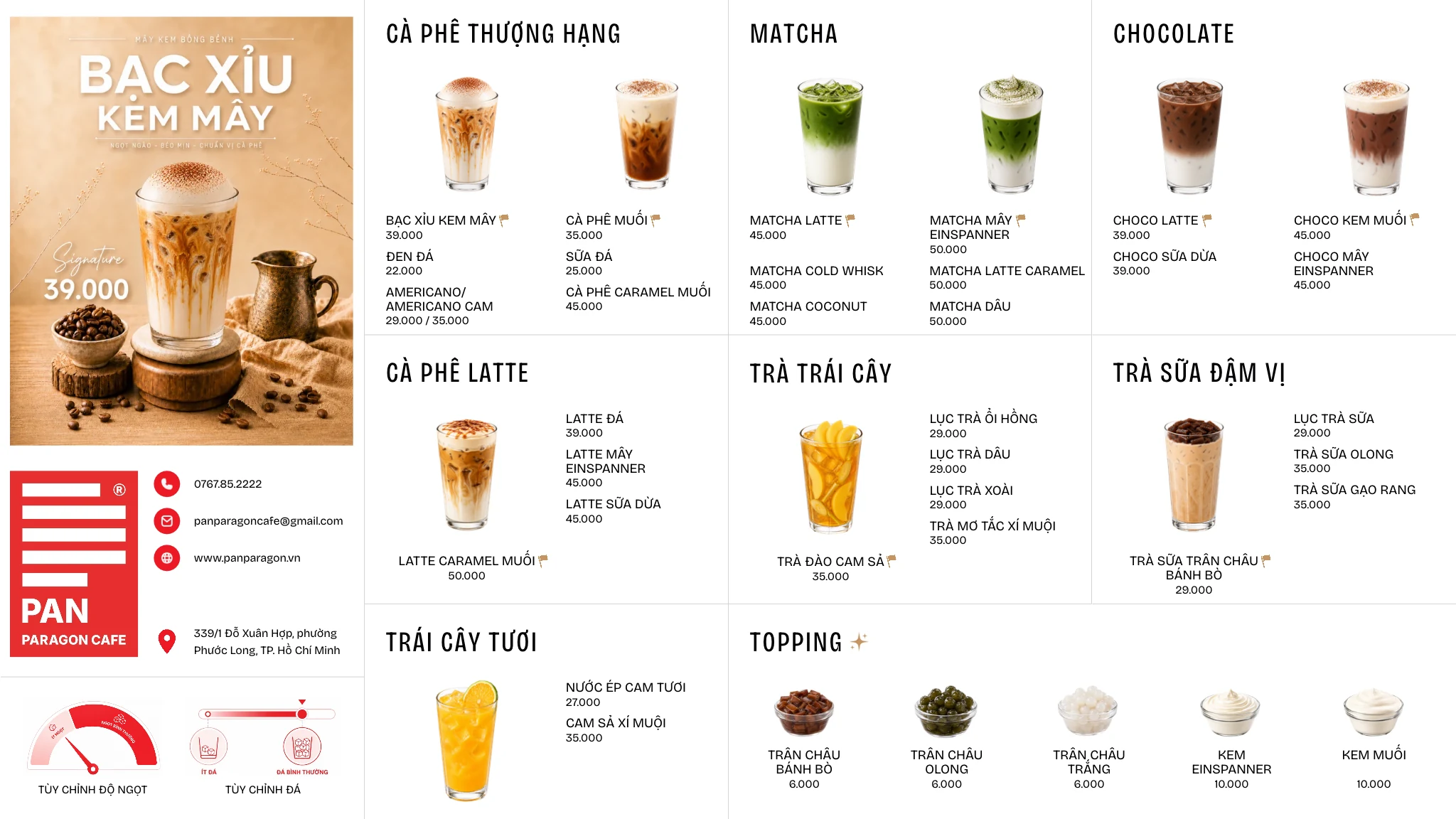 Menu đầy đủ của PAN PARAGON CAFE gồm cà phê, matcha, chocolate, trà trái cây, trà sữa, trái cây tươi và topping