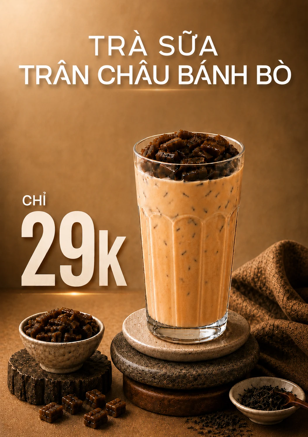 Ly trà sữa đầy trân châu bánh bò màu nâu